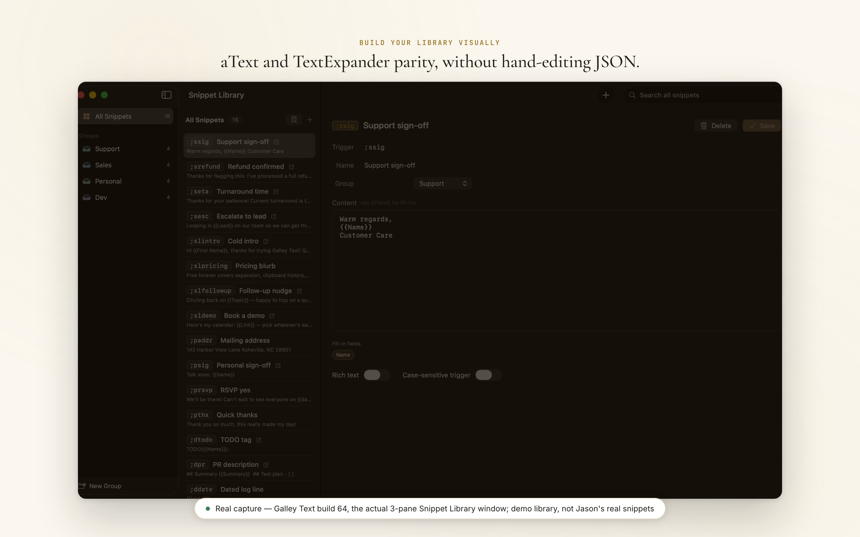 TypeValet's Snippet Library editor: a three-pane view of groups, the snippet list, and an editor with a detected Name fill-in field