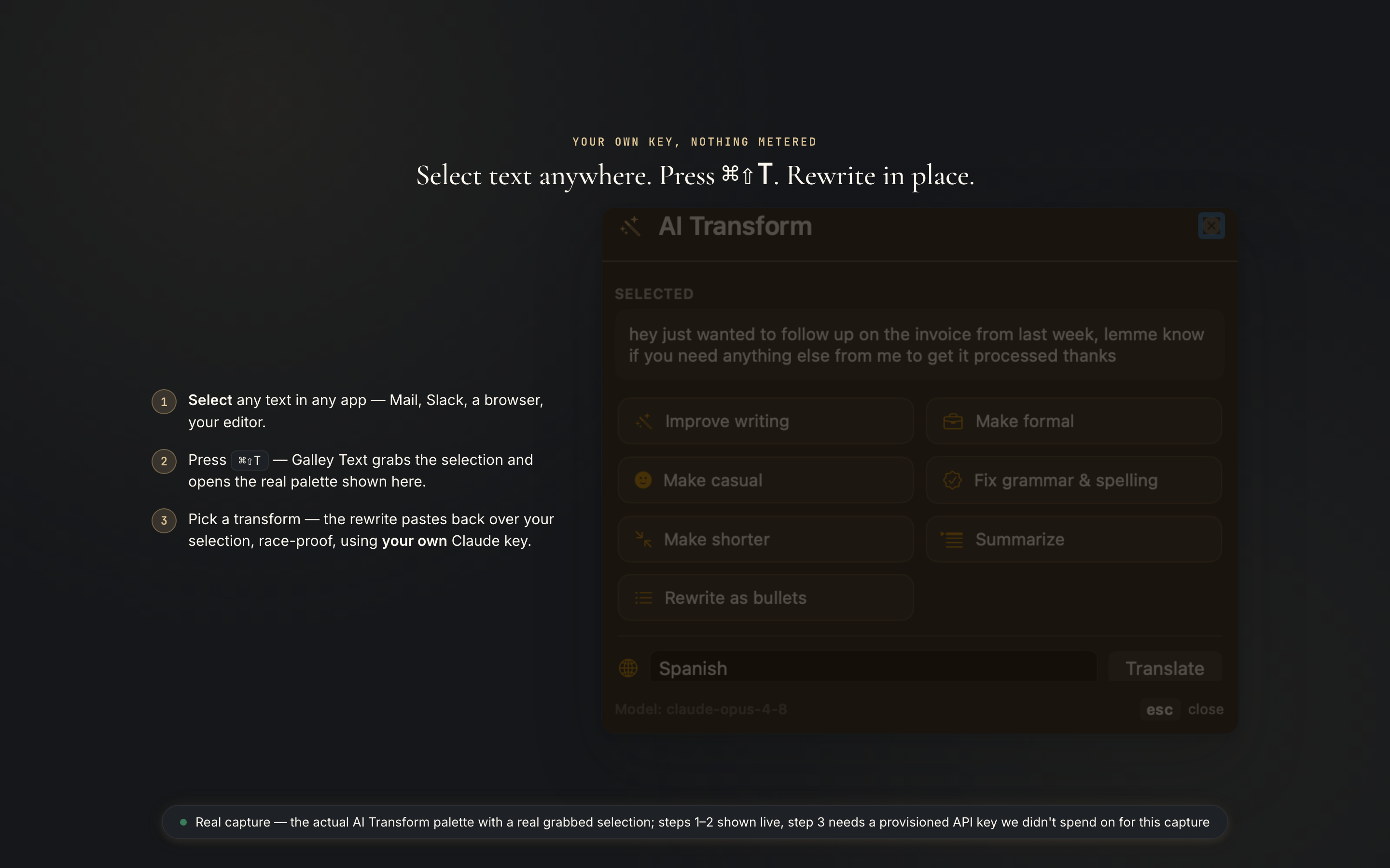 TypeValet's AI Transform palette, dark theme