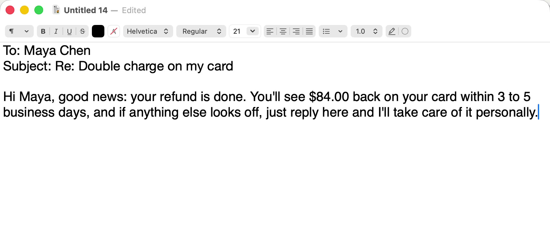 TypeValet has expanded the trigger ;refund into a complete refund reply inside TextEdit.
